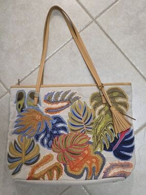 Chicos Handcrafted Tote Bag Embroidered Colorful Palm Floral Shoulder Boho Beach